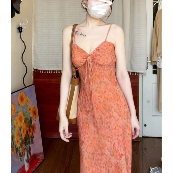 16066#Warm Orange Floral V-Neck Slip Dress — Slim-Fit Midi to Maxi