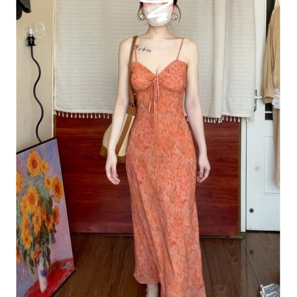 16066#Warm Orange Floral V-Neck Slip Dress — Slim-Fit Midi to Maxi