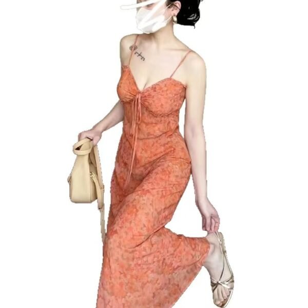 16066#Warm Orange Floral V-Neck Slip Dress — Slim-Fit Midi to Maxi