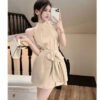 16068#Beige Halter Neck Mini Dress — Sleeveless Tie-Waist A-Line Dress