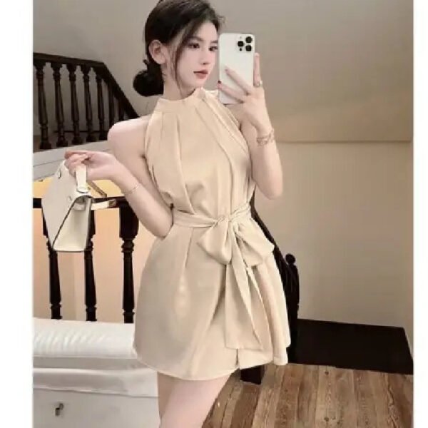 16068#Beige Halter Neck Mini Dress — Sleeveless Tie-Waist A-Line Dress