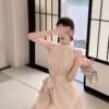 16068#Beige Halter Neck Mini Dress — Sleeveless Tie-Waist A-Line Dress