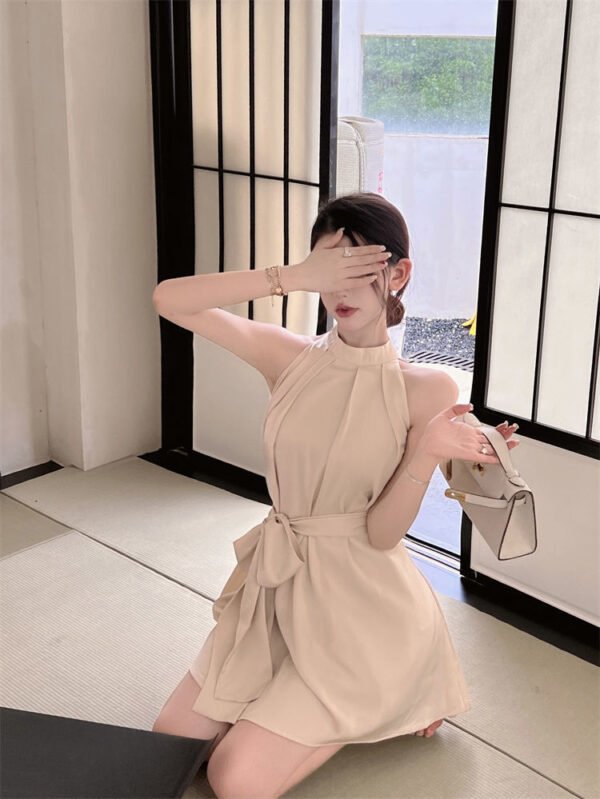 16068#Beige Halter Neck Mini Dress — Sleeveless Tie-Waist A-Line Dress