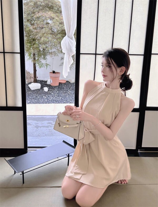 16068#Beige Halter Neck Mini Dress — Sleeveless Tie-Waist A-Line Dress