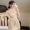 16068#Beige Halter Neck Mini Dress — Sleeveless Tie-Waist A-Line Dress