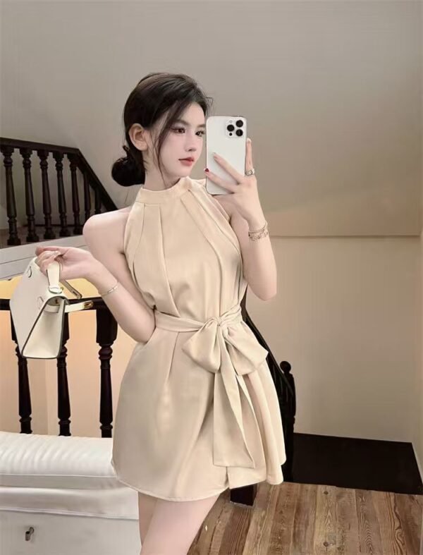 16068#Beige Halter Neck Mini Dress — Sleeveless Tie-Waist A-Line Dress