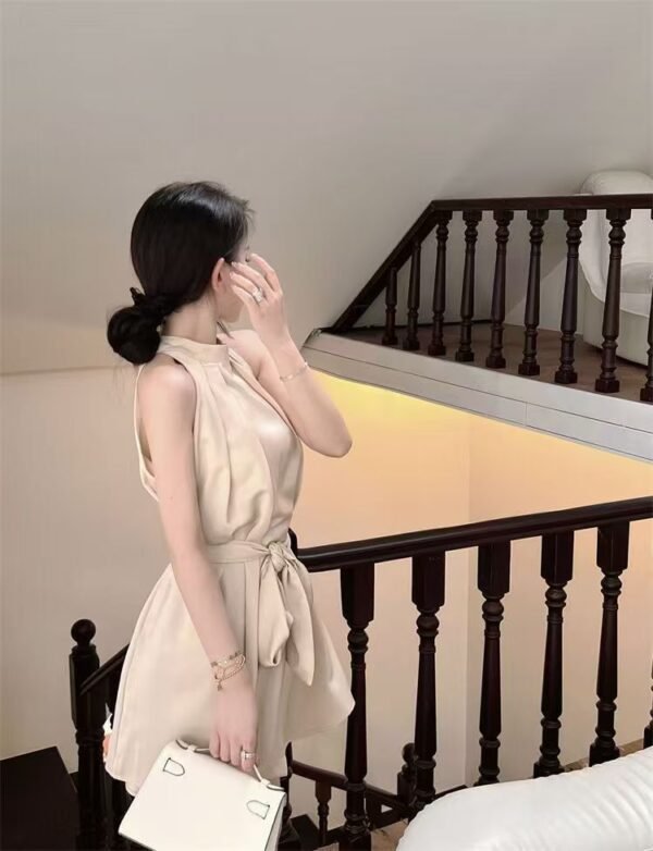 16068#Beige Halter Neck Mini Dress — Sleeveless Tie-Waist A-Line Dress