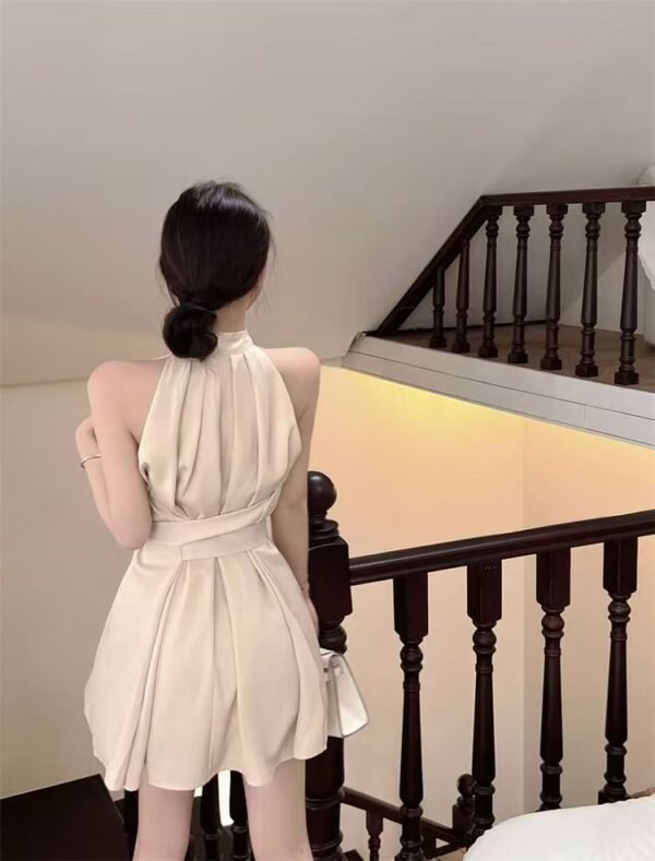 16068#Beige Halter Neck Mini Dress — Sleeveless Tie-Waist A-Line Dress