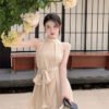 16068#Beige Halter Neck Mini Dress — Sleeveless Tie-Waist A-Line Dress