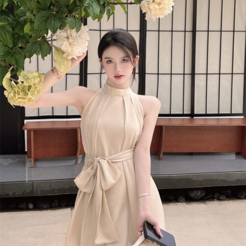 16068#Beige Halter Neck Mini Dress — Sleeveless Tie-Waist A-Line Dress
