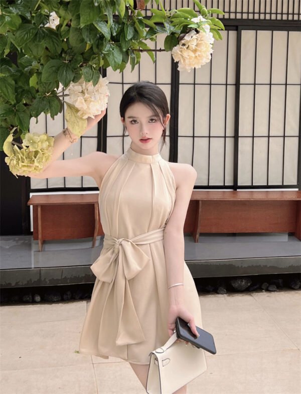 16068#Beige Halter Neck Mini Dress — Sleeveless Tie-Waist A-Line Dress