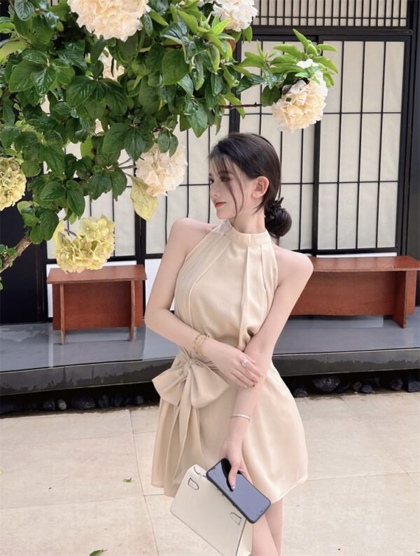 16068#Beige Halter Neck Mini Dress — Sleeveless Tie-Waist A-Line Dress