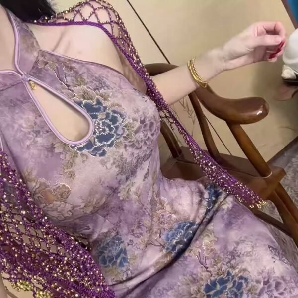 16069#Lavender Floral Halter Qipao — Sleeveless Slim-Fit Long Cheongsam with Mesh Shrug