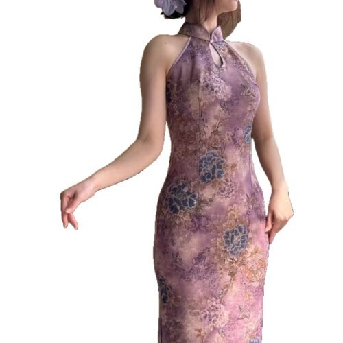 16069#Lavender Floral Halter Qipao — Sleeveless Slim-Fit Long Cheongsam with Mesh Shrug