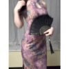 16069#Lavender Floral Halter Qipao — Sleeveless Slim-Fit Long Cheongsam with Mesh Shrug