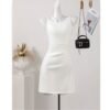 16070#Elegant White Sleeveless Mini Dress — Asymmetrical Neck Ruched Bodycon