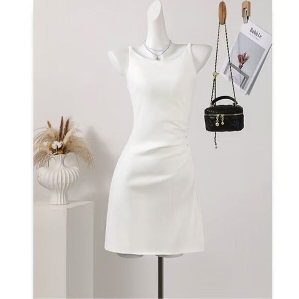 16070#Elegant White Sleeveless Mini Dress — Asymmetrical Neck Ruched Bodycon