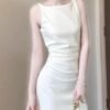 16070#Elegant White Sleeveless Mini Dress — Asymmetrical Neck Ruched Bodycon