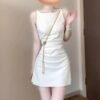 16070#Elegant White Sleeveless Mini Dress — Asymmetrical Neck Ruched Bodycon