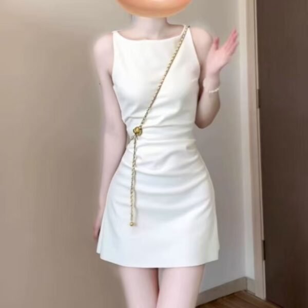16070#Elegant White Sleeveless Mini Dress — Asymmetrical Neck Ruched Bodycon