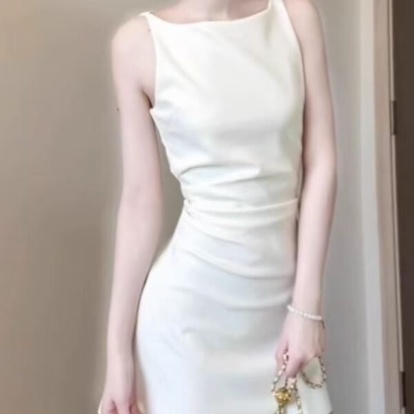 16070#Elegant White Sleeveless Mini Dress — Asymmetrical Neck Ruched Bodycon