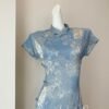 16071#Pale Blue Jacquard Qipao — Short-Sleeve Slim-Fit Long Cheongsam Dress