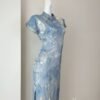 16071#Pale Blue Jacquard Qipao — Short-Sleeve Slim-Fit Long Cheongsam Dress