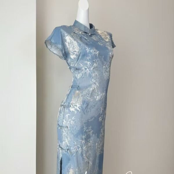 16071#Pale Blue Jacquard Qipao — Short-Sleeve Slim-Fit Long Cheongsam Dress