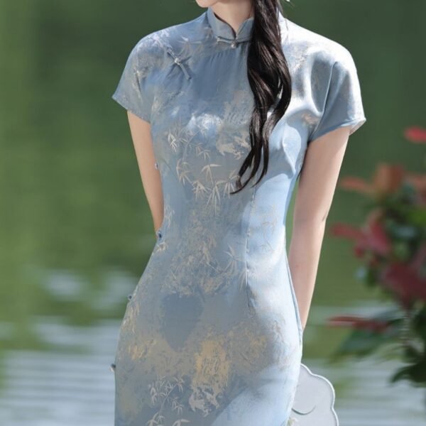 16071#Pale Blue Jacquard Qipao — Short-Sleeve Slim-Fit Long Cheongsam Dress