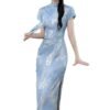 16071#Pale Blue Jacquard Qipao — Short-Sleeve Slim-Fit Long Cheongsam Dress