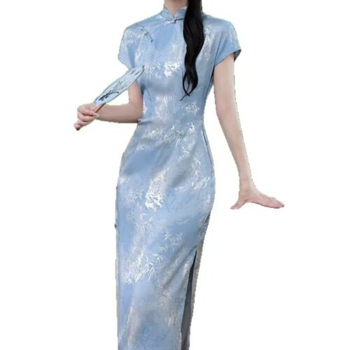 16071#Pale Blue Jacquard Qipao — Short-Sleeve Slim-Fit Long Cheongsam Dress
