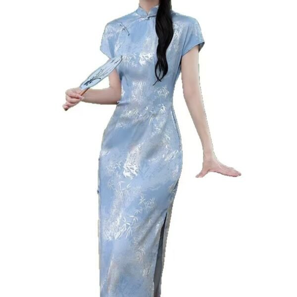 16071#Pale Blue Jacquard Qipao — Short-Sleeve Slim-Fit Long Cheongsam Dress