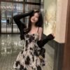 16072#Black & White Floral Cami Mini Dress with Sheer Long-Sleeve Shrug — 2-Piece Set