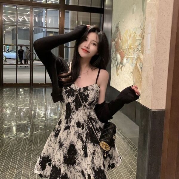 16072#Black & White Floral Cami Mini Dress with Sheer Long-Sleeve Shrug — 2-Piece Set