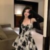 16072#Black & White Floral Cami Mini Dress with Sheer Long-Sleeve Shrug — 2-Piece Set