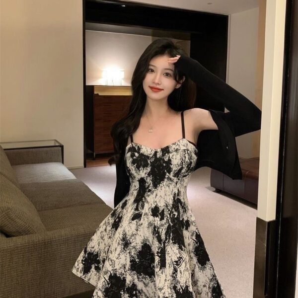 16072#Black & White Floral Cami Mini Dress with Sheer Long-Sleeve Shrug — 2-Piece Set