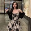 16072#Black & White Floral Cami Mini Dress with Sheer Long-Sleeve Shrug — 2-Piece Set