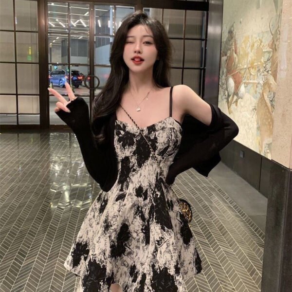 16072#Black & White Floral Cami Mini Dress with Sheer Long-Sleeve Shrug — 2-Piece Set