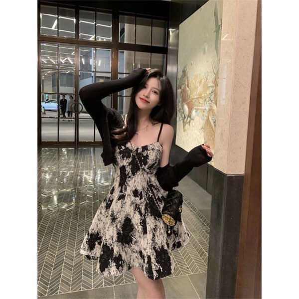 16072#Black & White Floral Cami Mini Dress with Sheer Long-Sleeve Shrug — 2-Piece Set