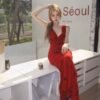 16073#Scarlet Red Halter Neck Maxi Dress — Deep V-Neck Floral Bodycon Gown