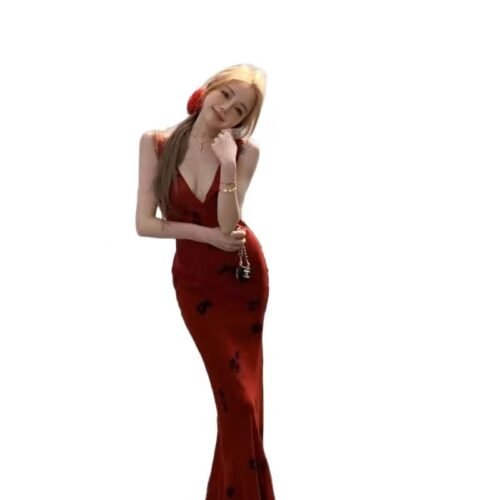 16073#Scarlet Red Halter Neck Maxi Dress — Deep V-Neck Floral Bodycon Gown