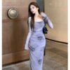 16074#Dusty Blue Floral Bodycon Maxi Dress — Square Neck with Sheer Mesh Shrug
