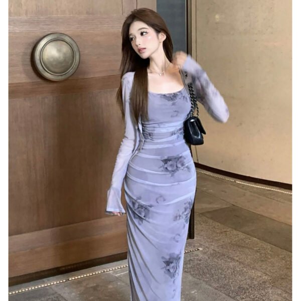 16074#Dusty Blue Floral Bodycon Maxi Dress — Square Neck with Sheer Mesh Shrug