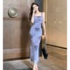 16074#Dusty Blue Floral Bodycon Maxi Dress — Square Neck with Sheer Mesh Shrug