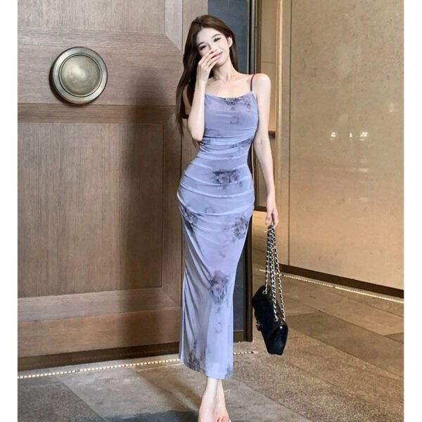 16074#Dusty Blue Floral Bodycon Maxi Dress — Square Neck with Sheer Mesh Shrug