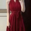 16075#Burgundy Red Halter Neck Maxi Dress — Waist-Tie Flowy Evening Gown