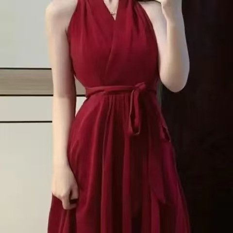 16075#Burgundy Red Halter Neck Maxi Dress — Waist-Tie Flowy Evening Gown