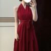 16075#Burgundy Red Halter Neck Maxi Dress — Waist-Tie Flowy Evening Gown