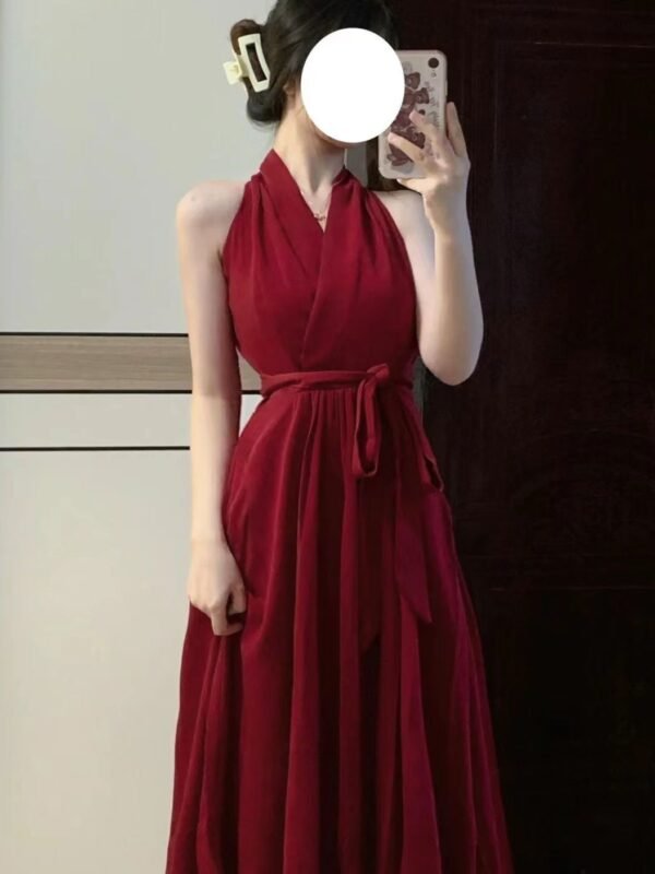 16075#Burgundy Red Halter Neck Maxi Dress — Waist-Tie Flowy Evening Gown
