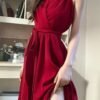 16075#Burgundy Red Halter Neck Maxi Dress — Waist-Tie Flowy Evening Gown